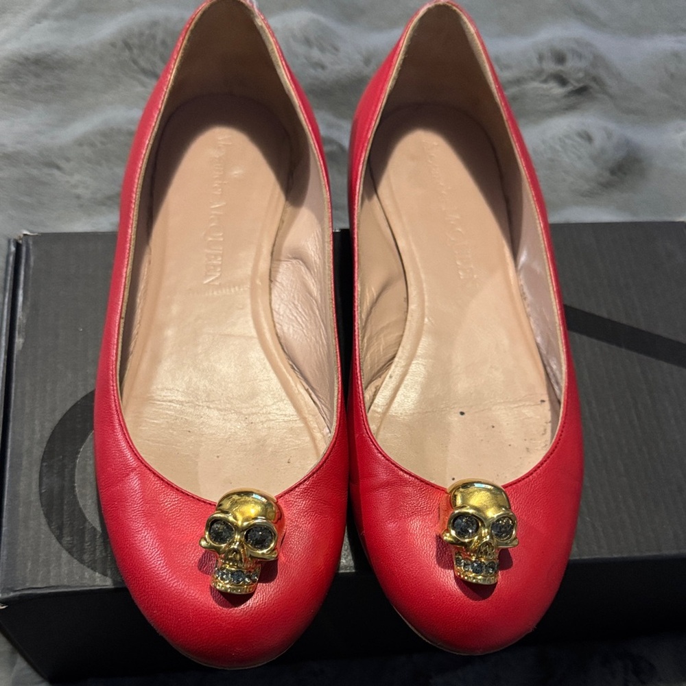 Alexander McQueen Red Flats with Gold Skull Detail